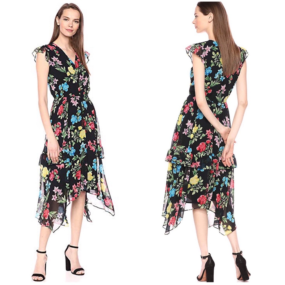 NWT Calvin Klein Floral Black Chiffon Dress SZ 14